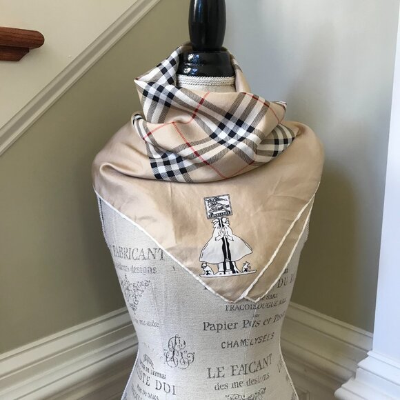 Vintage Burberry Silk Scarf Wrap Square Tan Black Plaid Handkerchief Neck Tie - Picture 4 of 9